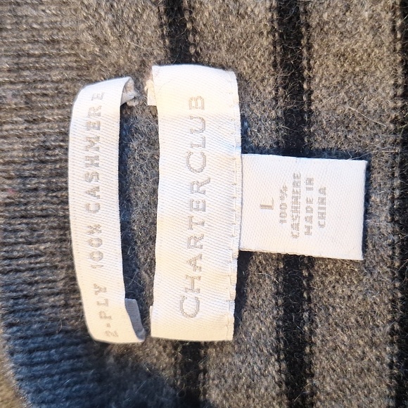 Charter Club 2 Ply 100% Cashmere Gray and Black Striped Sweater Size L - Picture 6 of 6